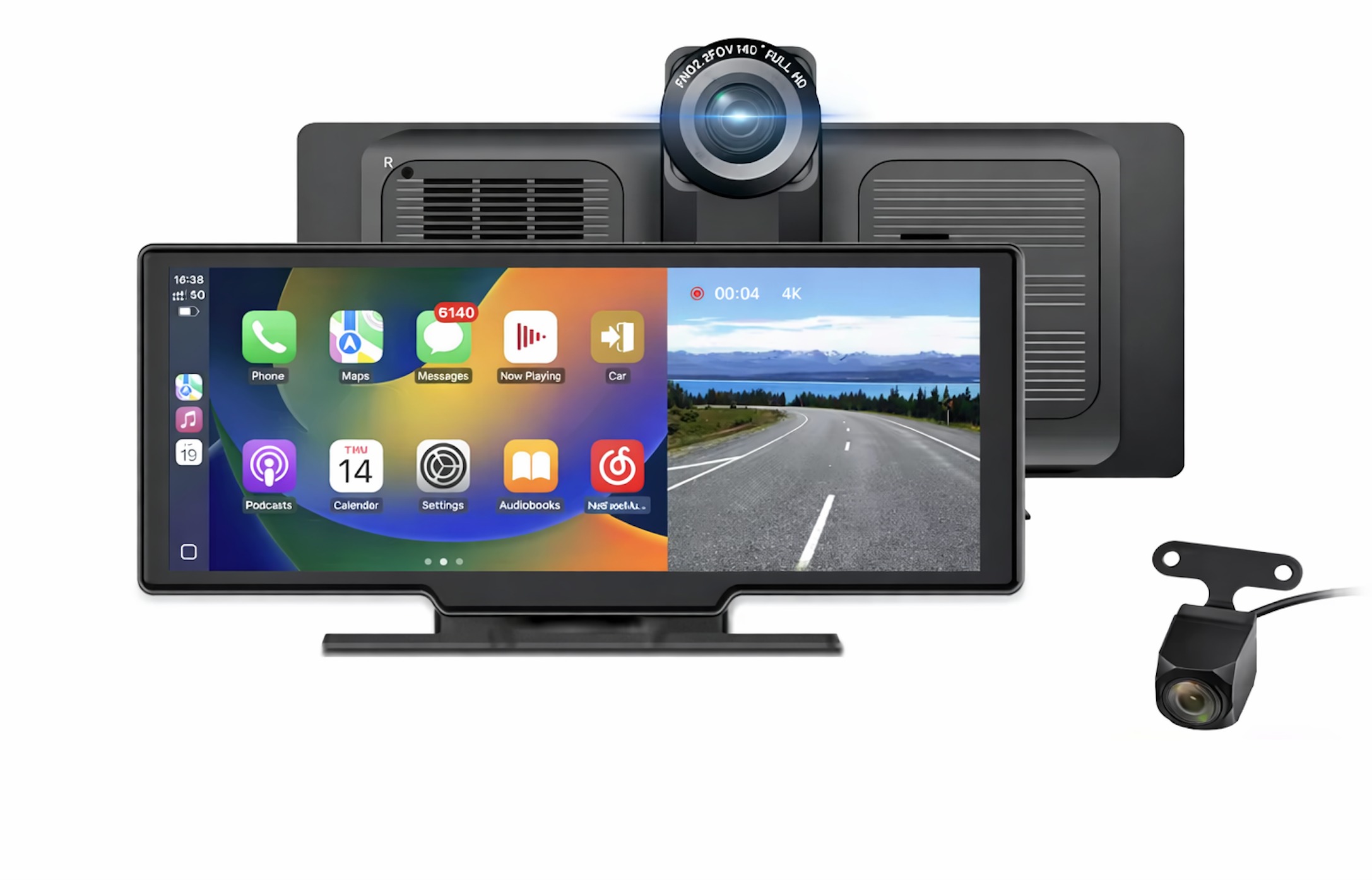 Junsun Chytrý monitor do auta s přední i zadní kamerou, CarPlay, Android Auto, USB, FM Transmitter