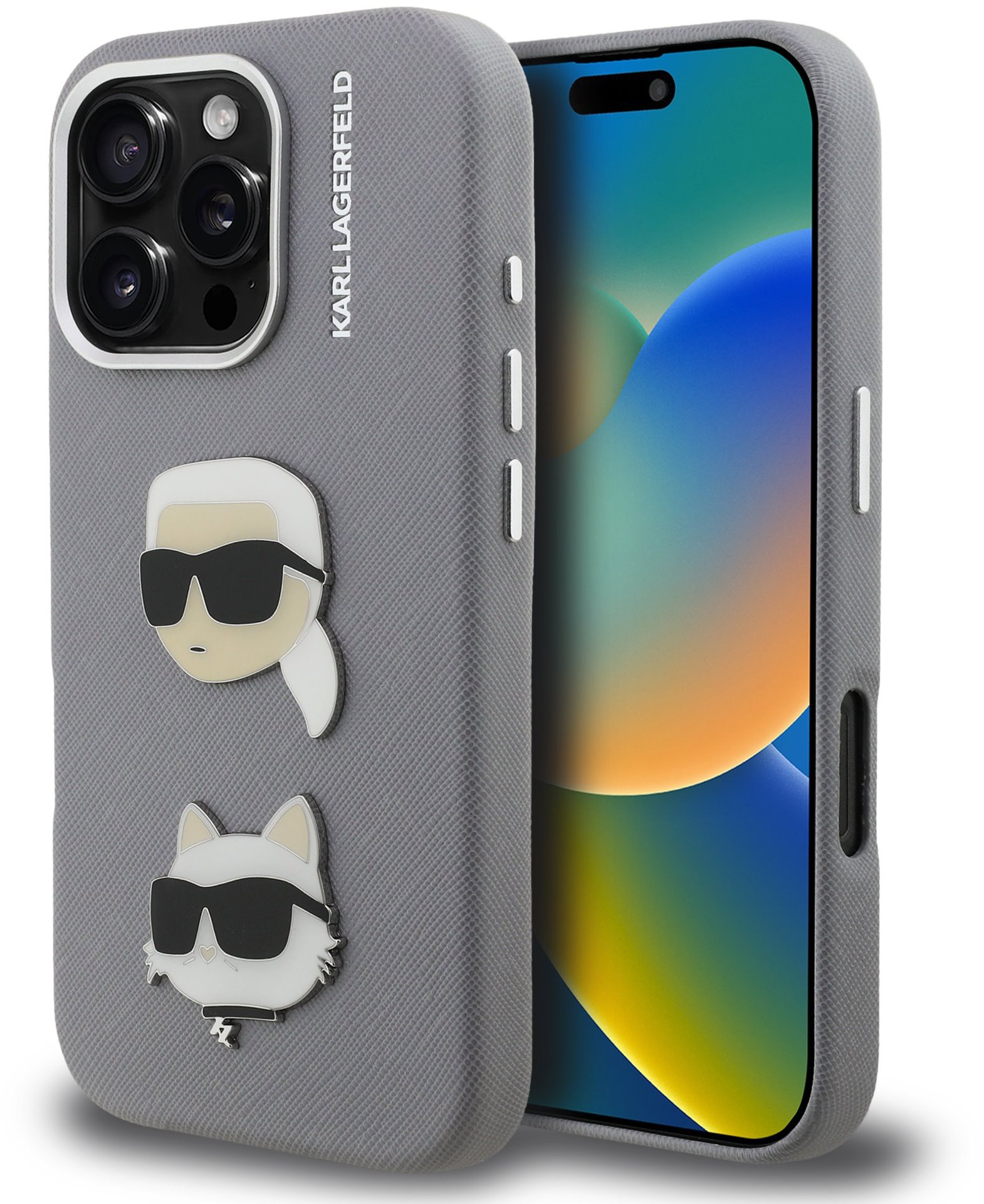 Karl Lagerfeld Grained PU K&CH Heads Zadní Kryt pro iPhone 16 Pro Grey