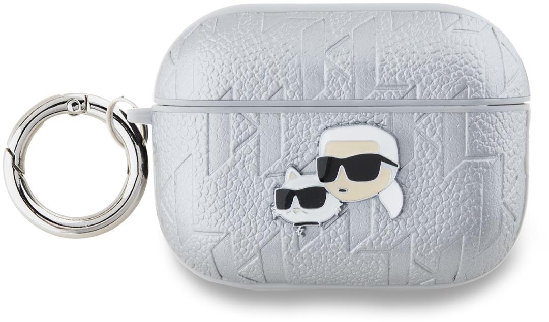 Karl Lagerfeld PU Embossed Karl and Choupette Heads Pouzdro pro AirPods Pro 2 Silver