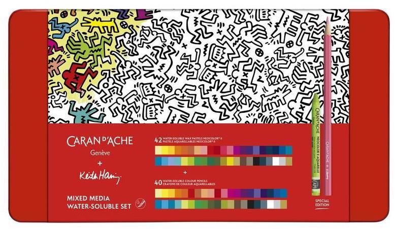 Sada CARAN D’ACHE Keith Haring, Neocolor II Aquarelle s pastely a barvami.