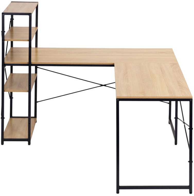 Rohový psací stůl ModernHome TH-CD-6-16 se čtyřmi policemi v odstínu světlého dubu.