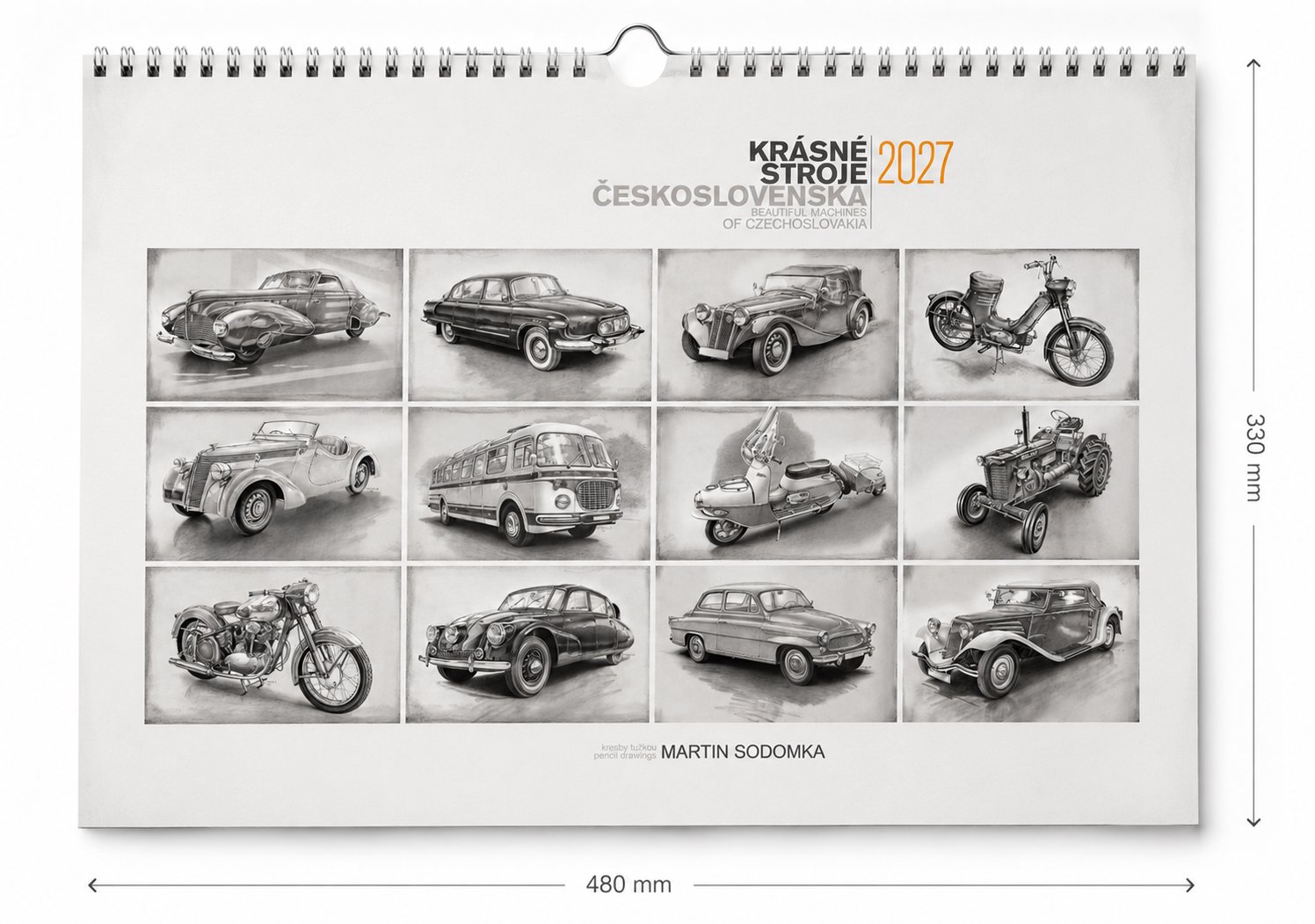 RETRO-AUTA Krásné stroje Československa 2027, měsíční, 480 × 300 mm