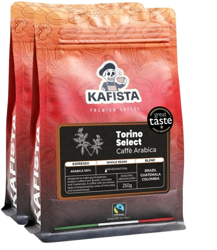 Kafista "Torino Select" -Zrnková káva, 100% Arabica Espresso Káva, Pražená v Itálii 2 × 250 g