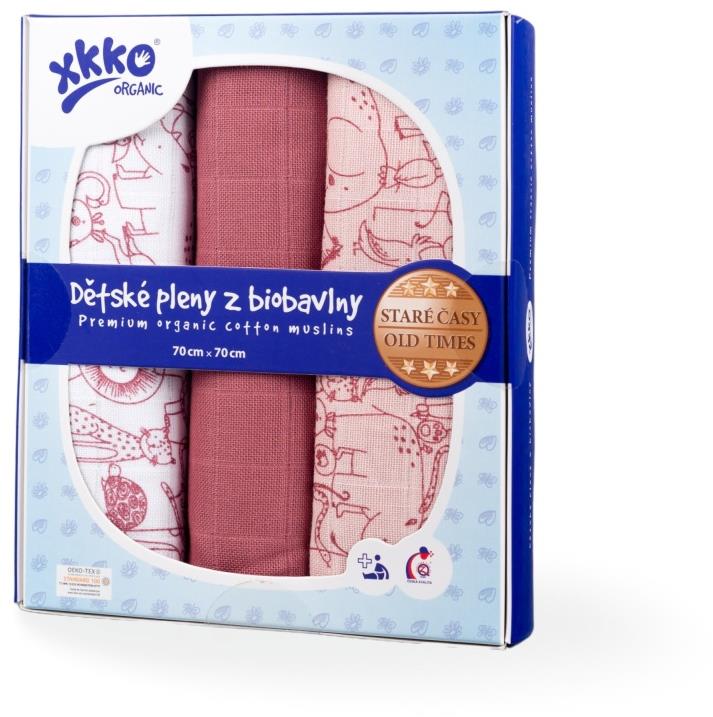 XKKO Organic dětské pleny z biobavlny 70 × 70 - Staré časy Safari Mesa Rose MIX 3 ks
