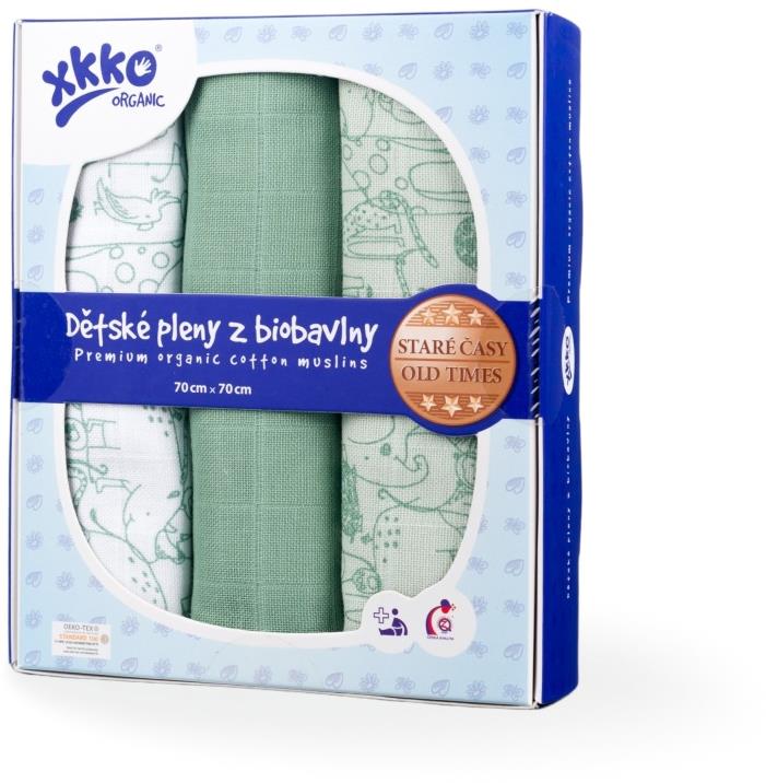 XKKO Organic dětské pleny z biobavlny 70 × 70 - Staré časy Safari Granite Green MIX 3 ks