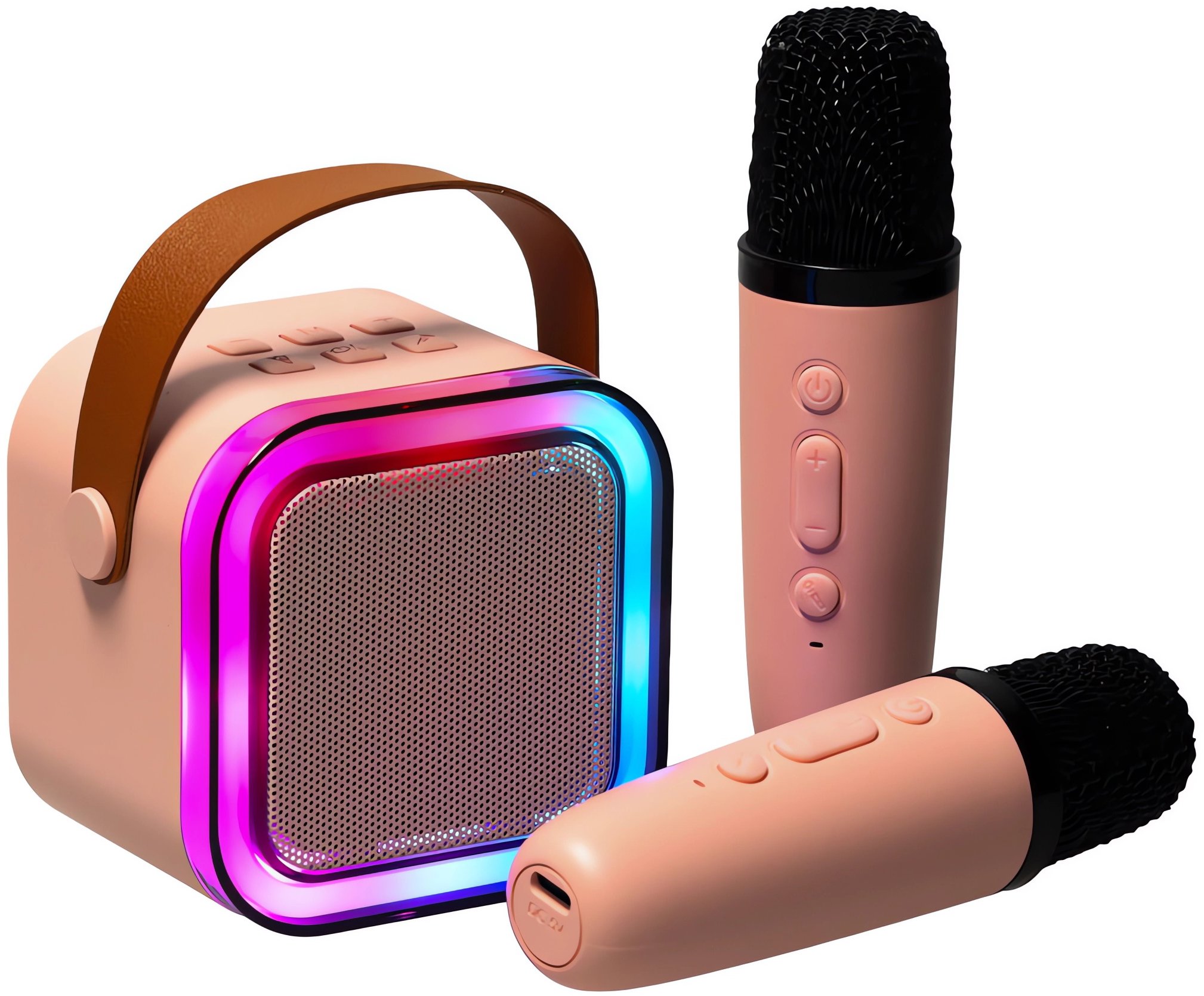 KIK KX3377 Karaoke Bluetooth reproduktor 6 W, 2 × bezdrátový mikrofon, růžový