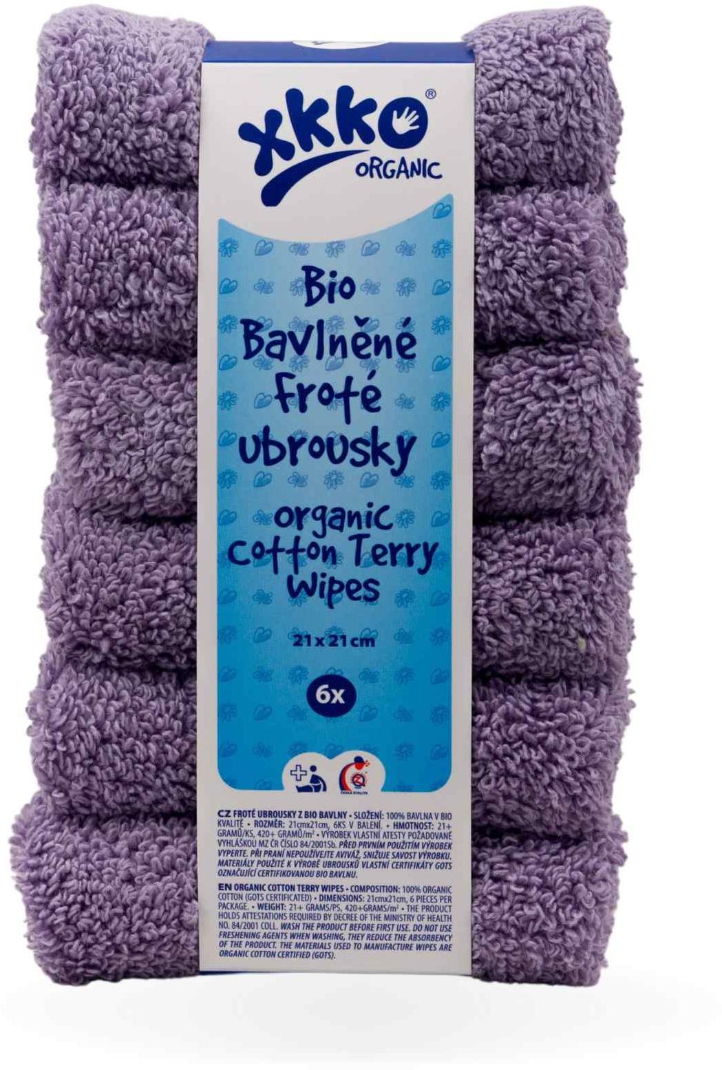 XKKO Organic BIO bavlněné froté ubrousky 21 × 21 cm, Lavender Aura 6 ks