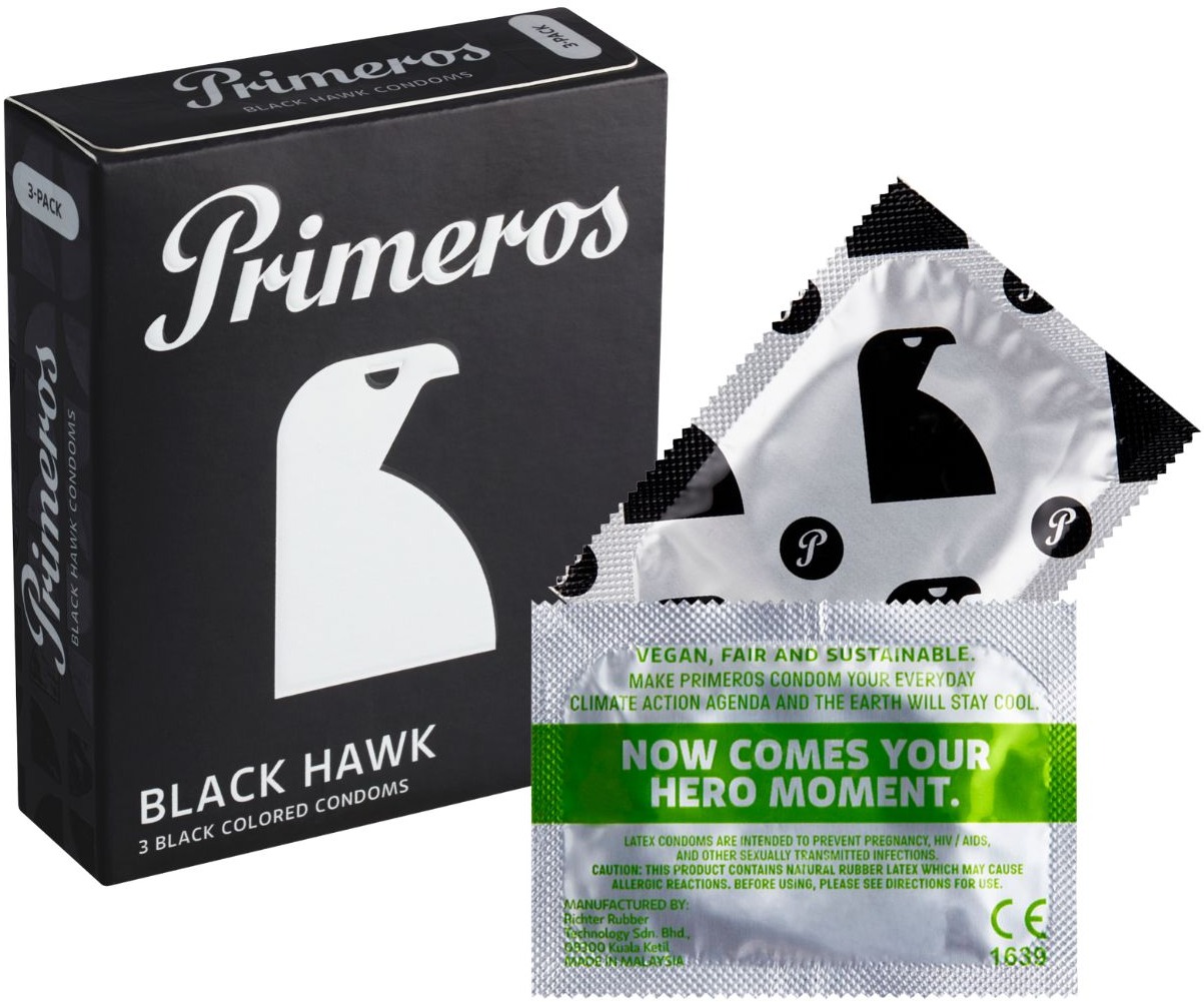 PRIMEROS Black Hawk kondomy černé barvy, 3 ks