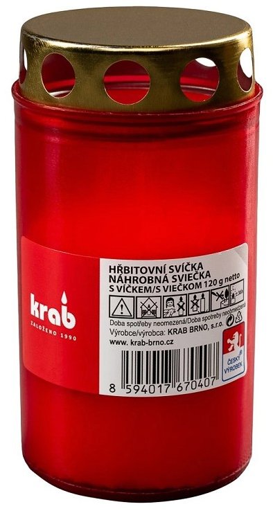 Krab Hřbitovní svíčka s víčkem 120 g, 37 h, červená