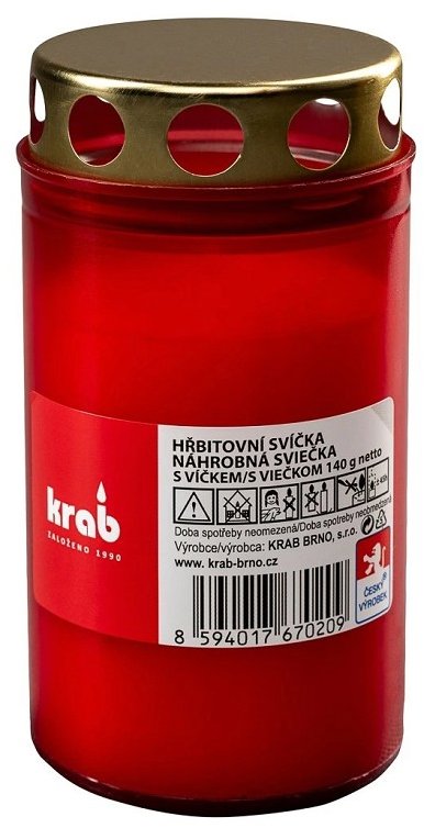 Krab Hřbitovní svíčka s víčkem 140 g, 43 h, červená