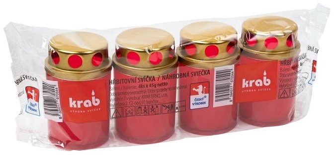 Krab Hřbitovní svíčka s víčkem, 45 g, 14 h, červená, 4 ks