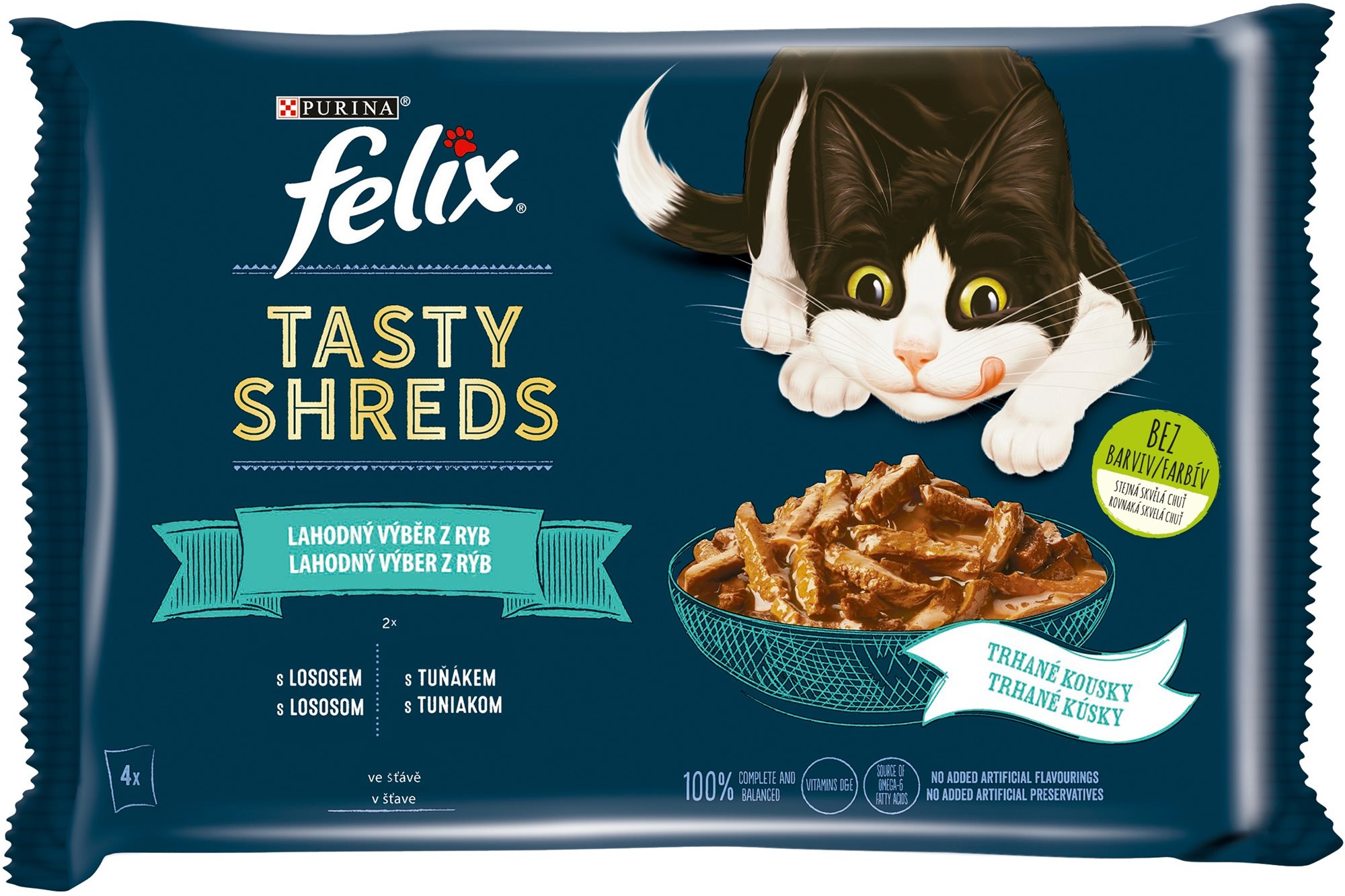 Felix Tasty Shreds kapsičky pro kočky losos, tuňák ve šťávě 4x80 g