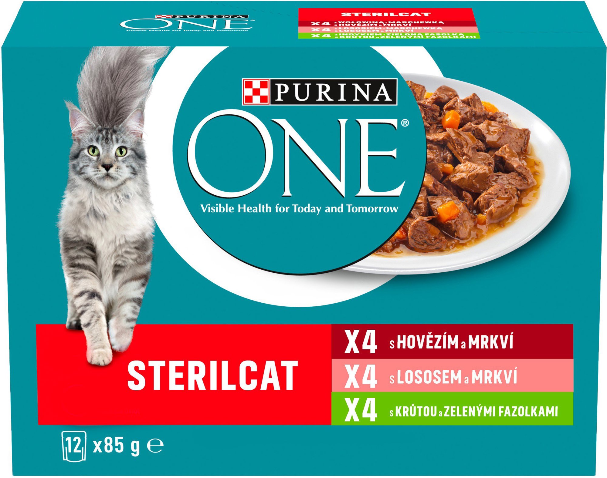 Purina ONE Sterilised kapsičky pro kočky hovězí, losos, krůta ve šťávě 12x85 g