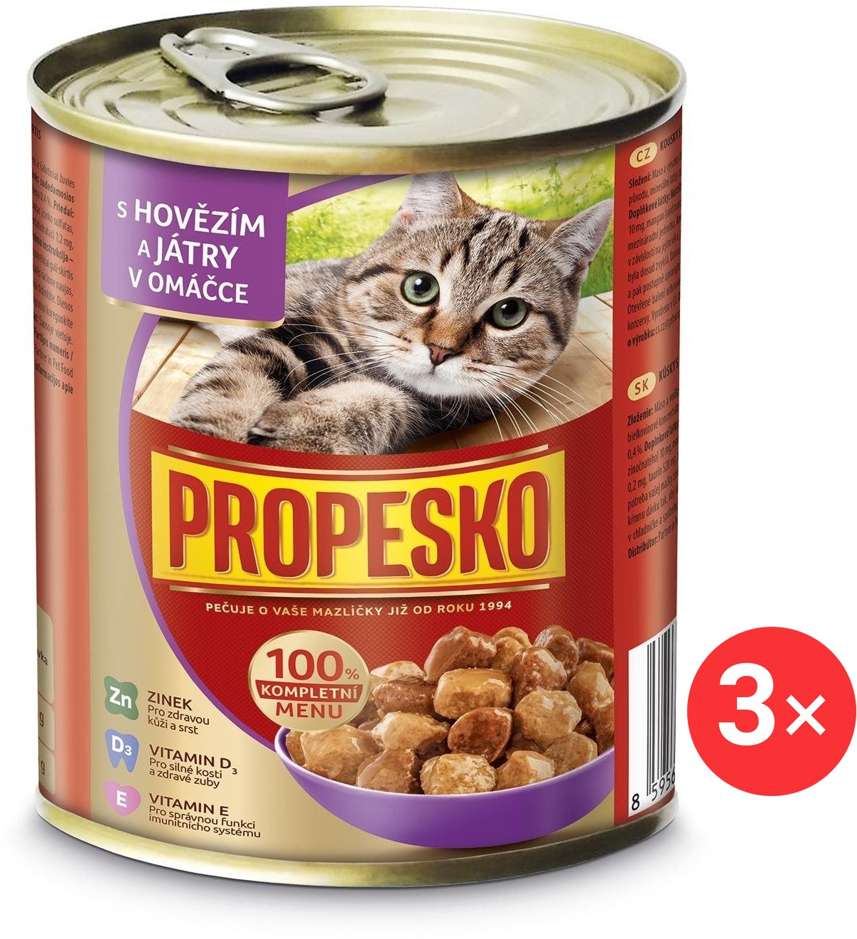 Propesko konzerva pro kočky s hovězím a játry v omáčce 3 × 830 g