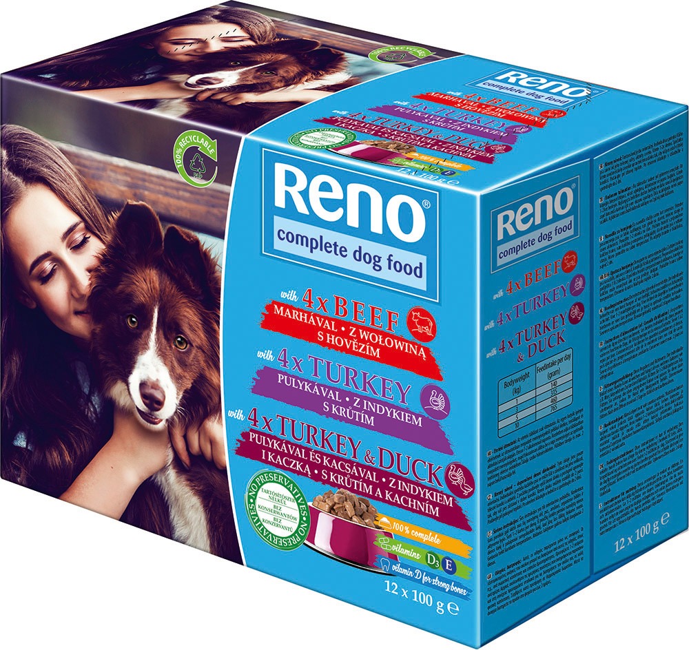 Reno kapsičky pro psa s hovězím, krůtím a kachním 12 × 100 g