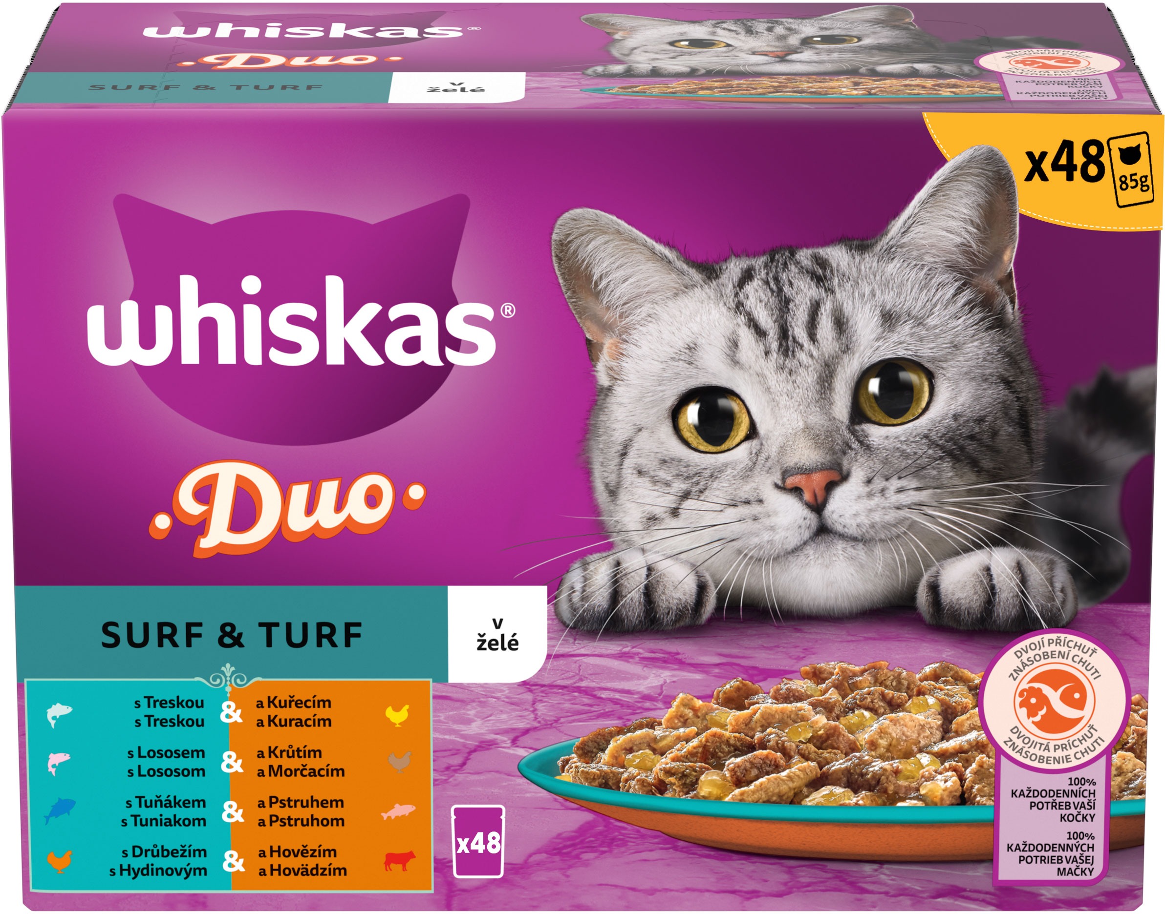 Whiskas 1+ Duo Surf and Turf krmivo pro dospělé kočky v želé 48 × 85 g