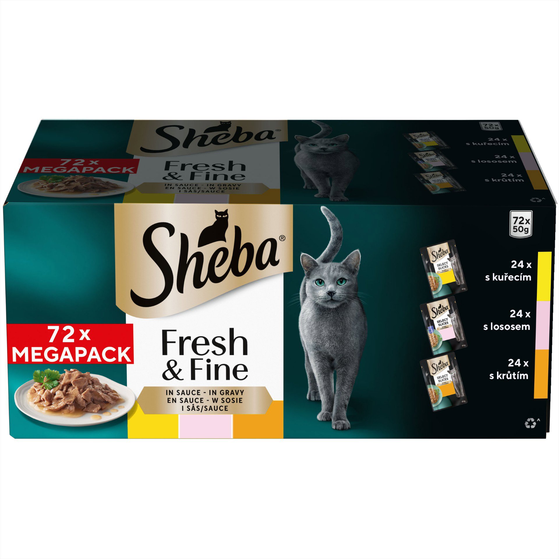 Sheba Fresh & Fine kuřecí, lososové a krůtí kapsičky v omáčce 72 × 50 g