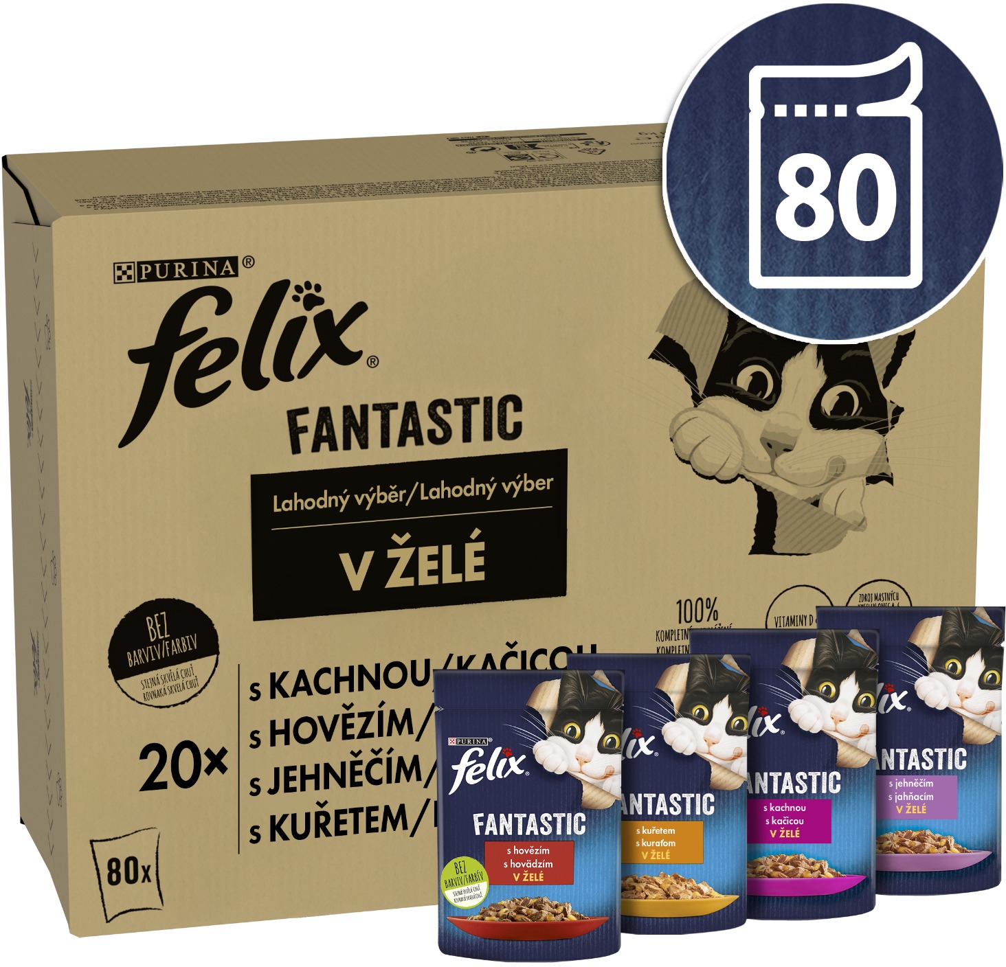 Felix Fantastic kapsičky pro kočky hovězí, kuře, kachna, jehněčí v želé 80 × 85 g