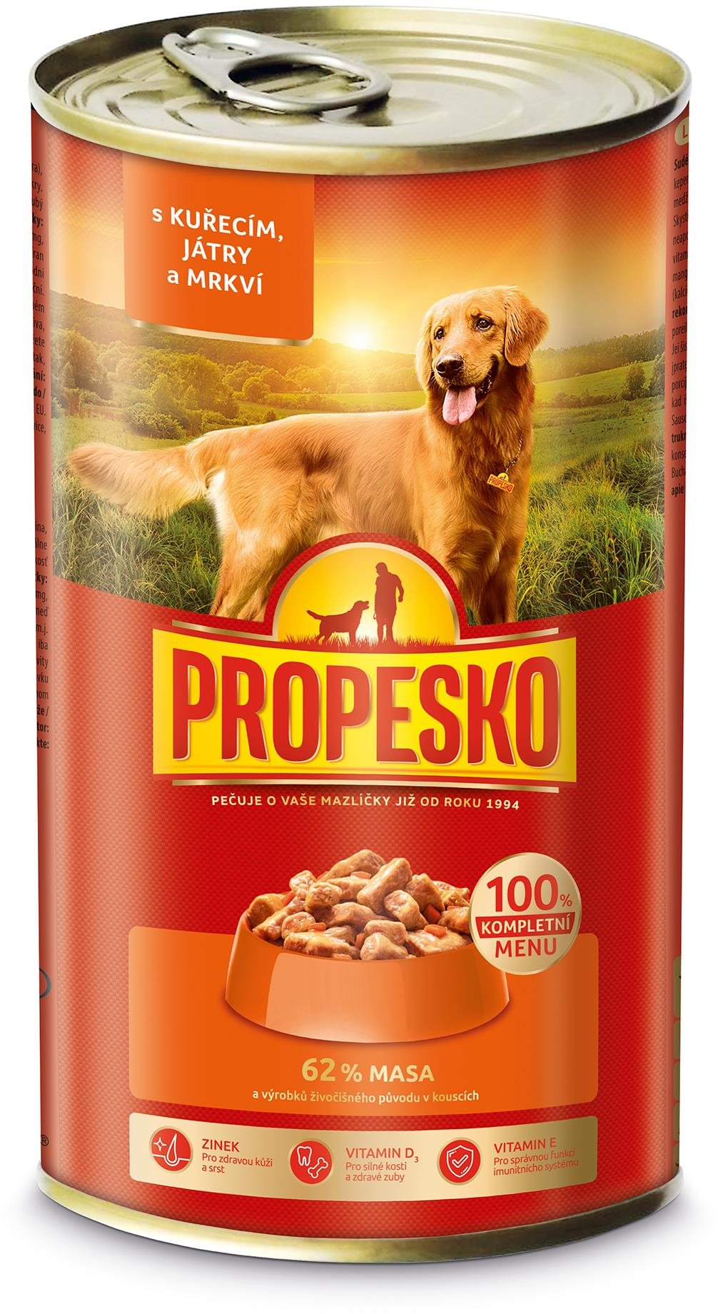 Propesko konzerva pro psy s kuřecím, játry a mrkví v omáčce 1240 g