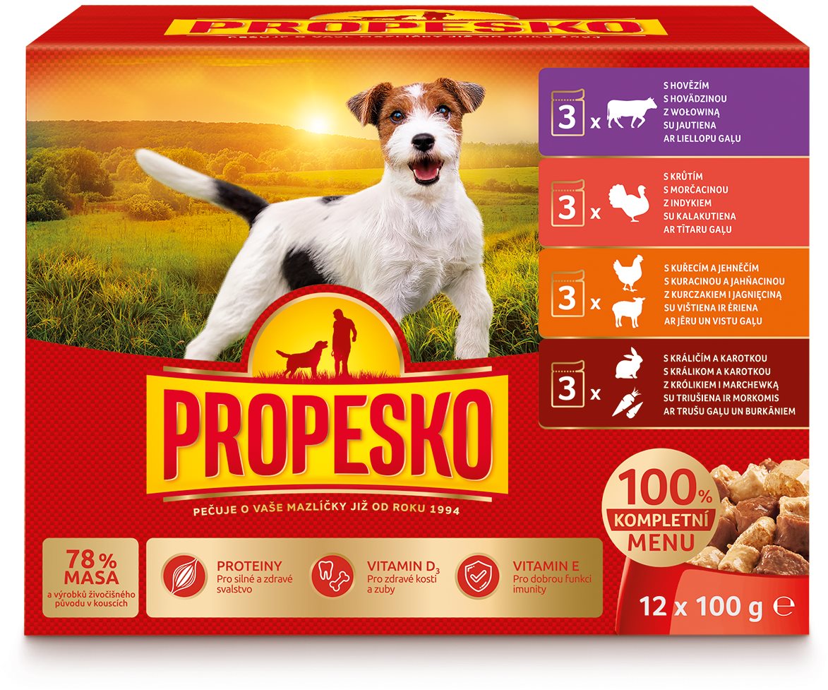 Propesko kapsičky pro psy s kuřecím, jehněčím, hovězím a králičím s karotkou 12 × 100g