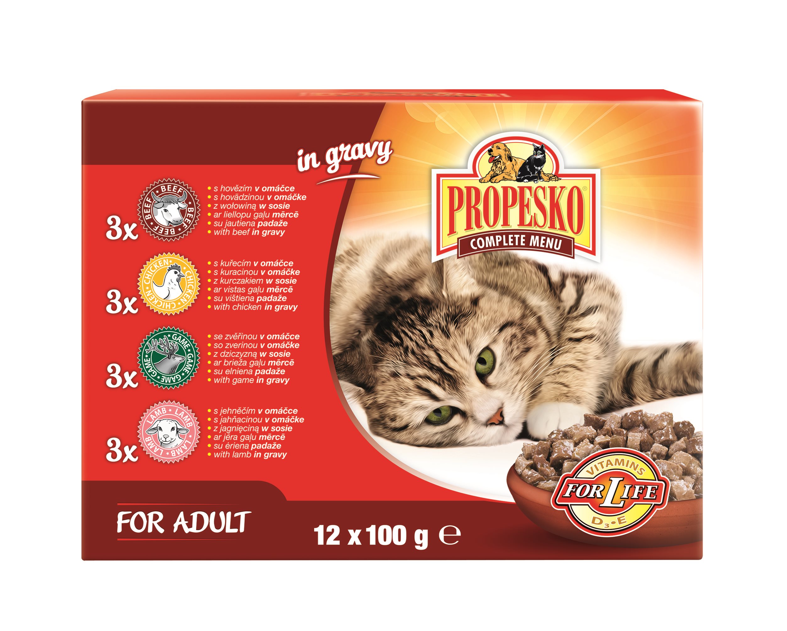 Propesko kapsičky pro kočky s kuřecím, hovězím, zvěřinou a jehněčím v omáčce 12 × 100 g