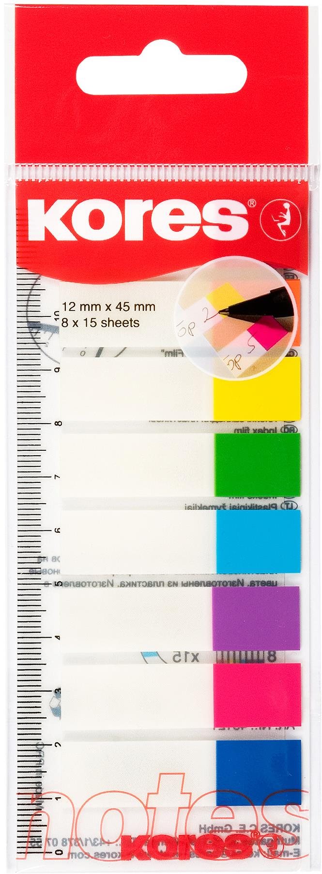KORES popisovací Index Strips na pravítku 45 x 12 mm, 8 x 15 lístků, mix barev