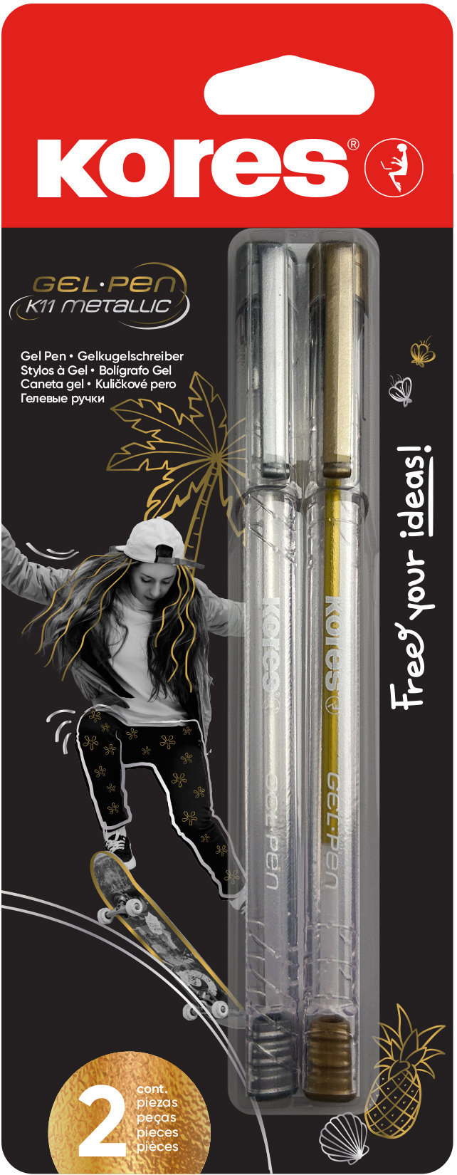 KORES K11 Gel Pen Metallic, zlatá a stříbrná barva - sada 2 ks
