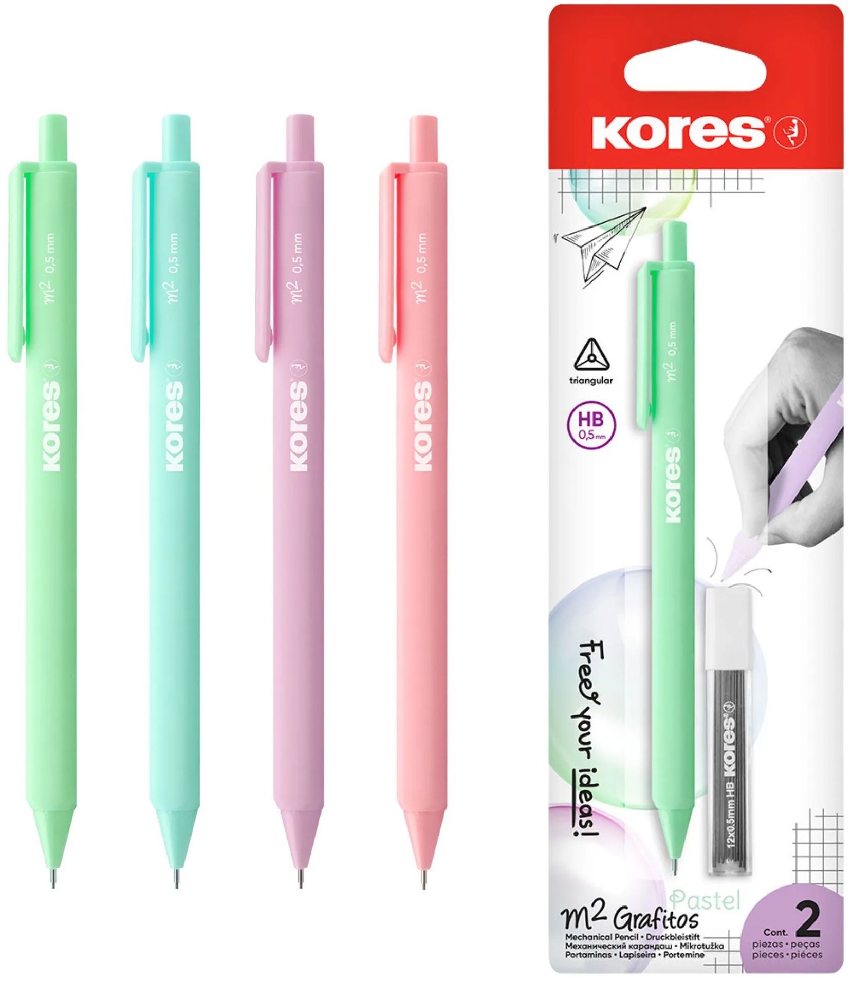KORES Grafitos M2 s náhradními tuhami, 0.5 mm, mix pastelových barev (1 ks)