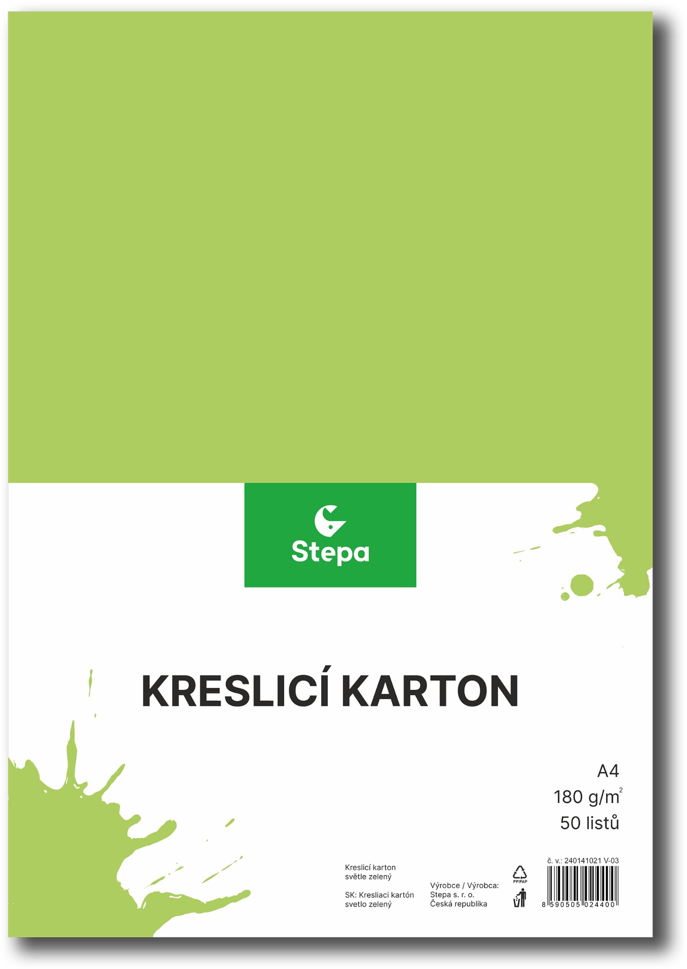 Kreslicí karton A4, 50 listů, 180g/m2, světle zelený