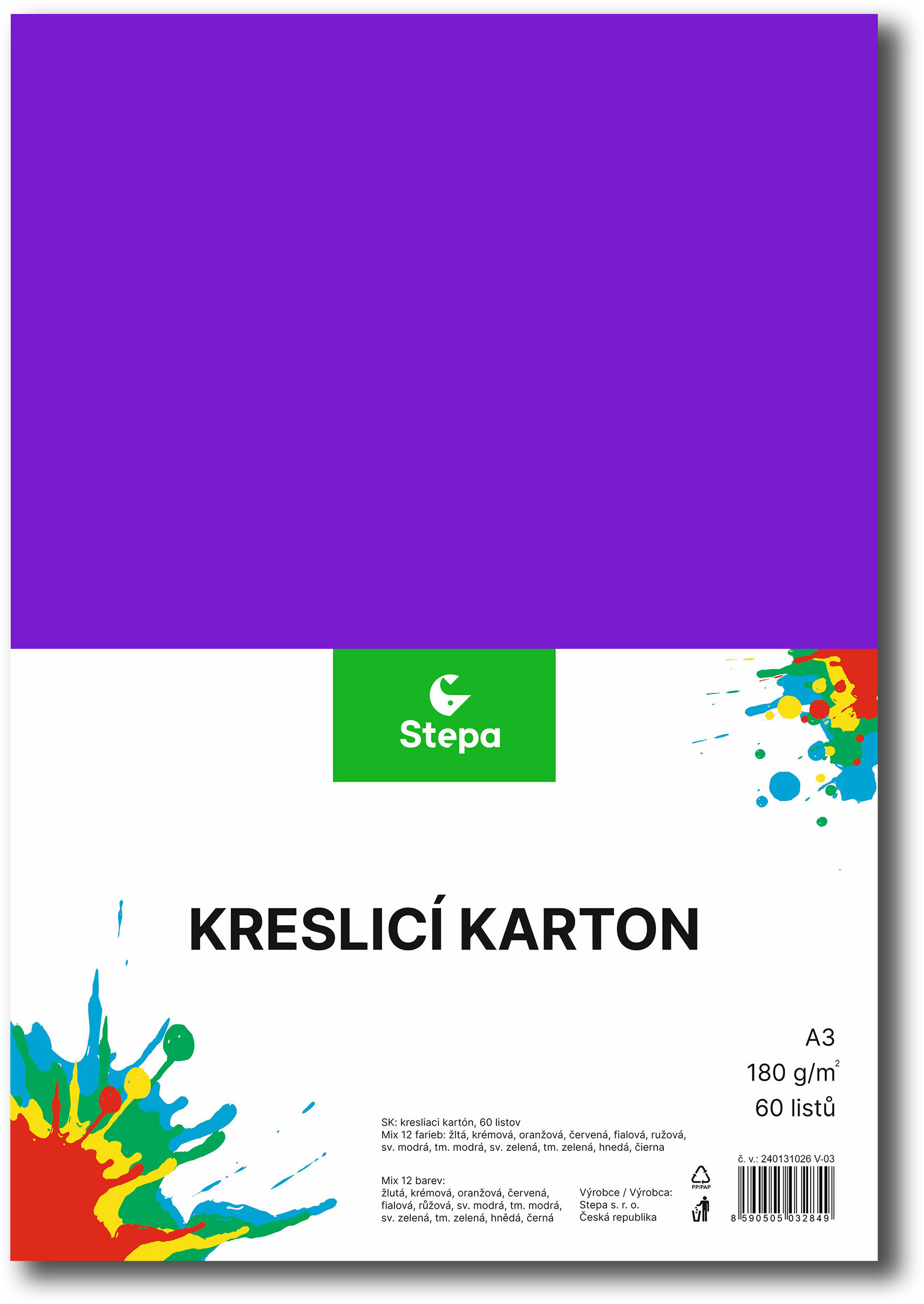 Štětec STEPA kreslicí karton A3 60 listů 180g/m2, mix 12 barev