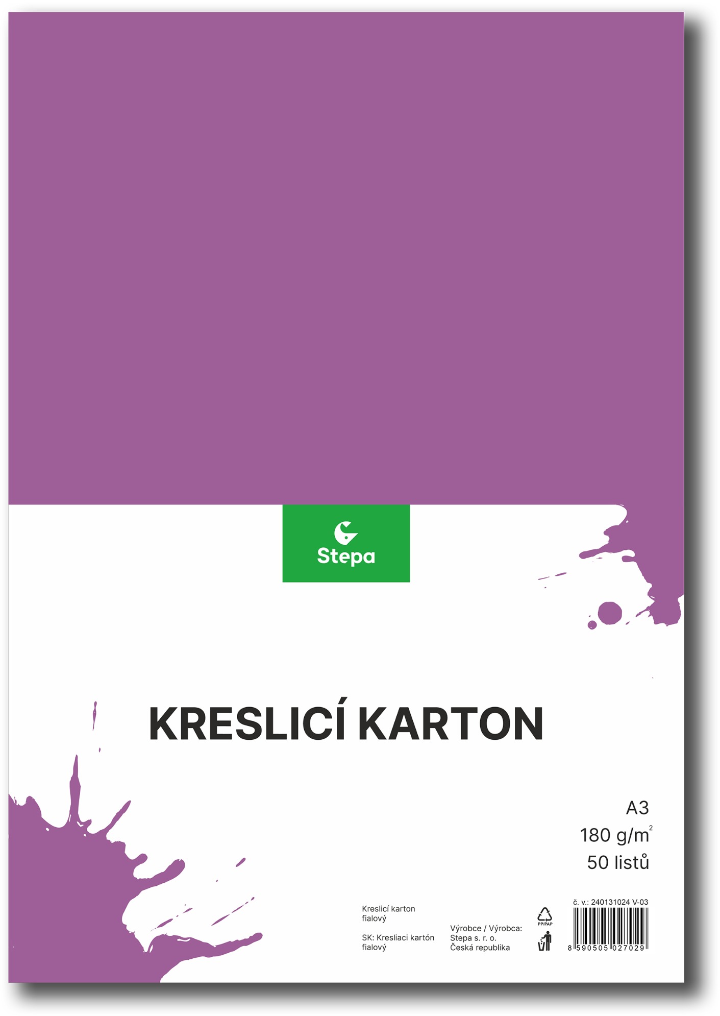 Kreslicí karton STEPA, A3, 50 listů, 180g/m2, fialový
