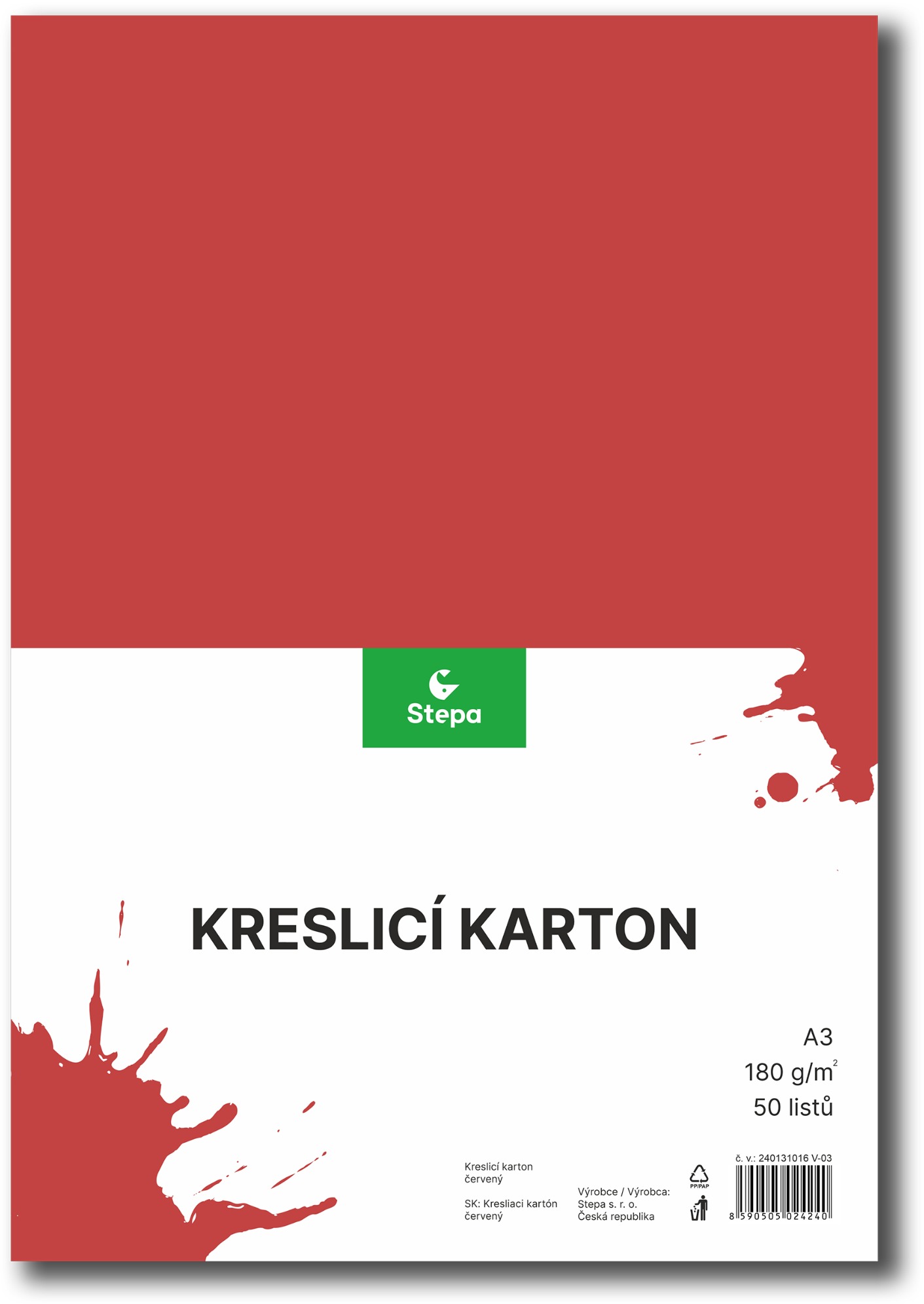 Kreslicí karton A3 STEPA, 50 listů, 180g/m2, červený