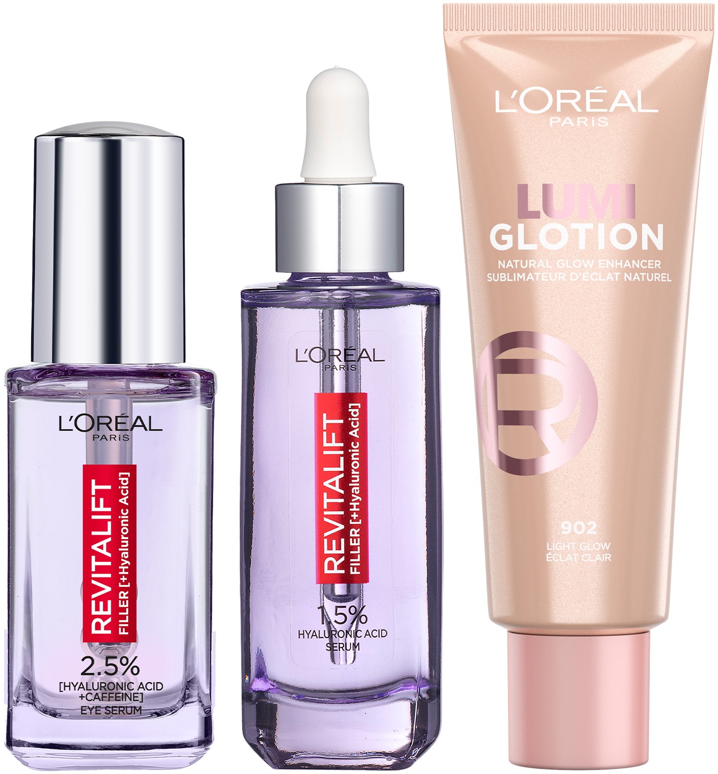 L'ORÉAL PARIS Revitalift Filler 30 ml + Oční sérum 20 ml + Lumi Glotion 902 Light Glow 40 ml