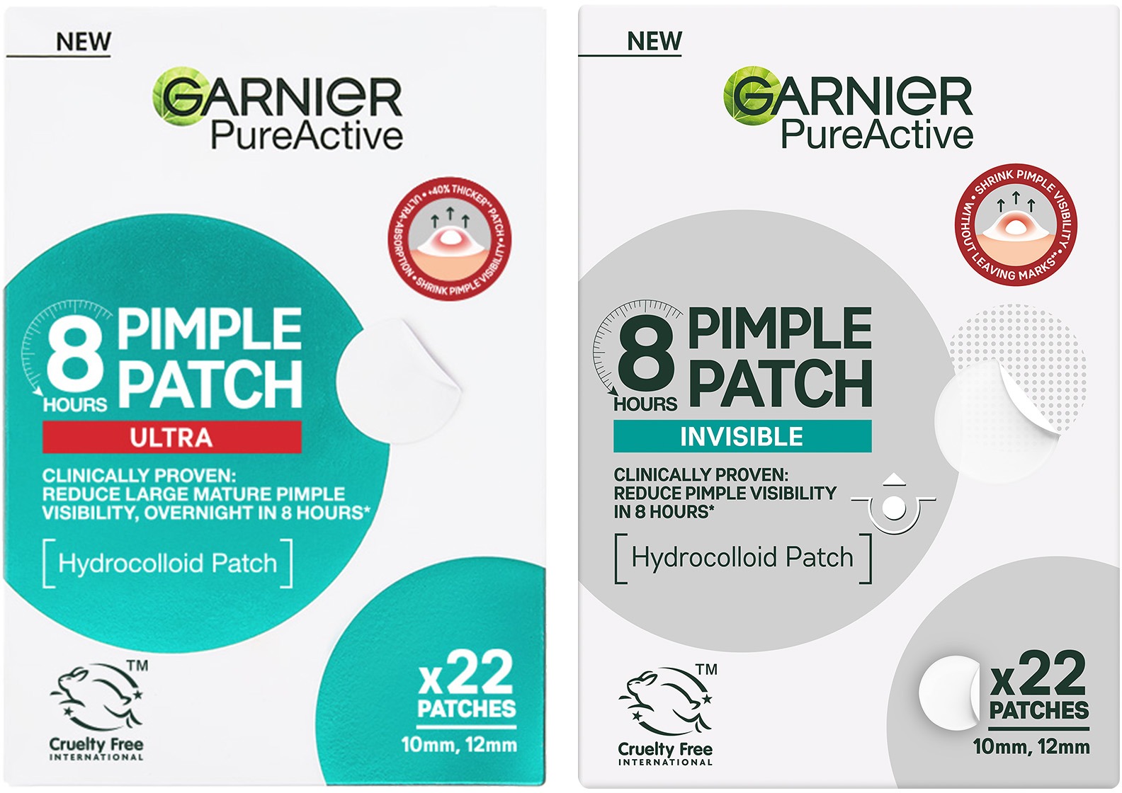 GARNIER Pimple Patch Hydrokoloidní neviditelné náplasti 22 ks + GARNIER Pure Active 8H Ultra 22 ks