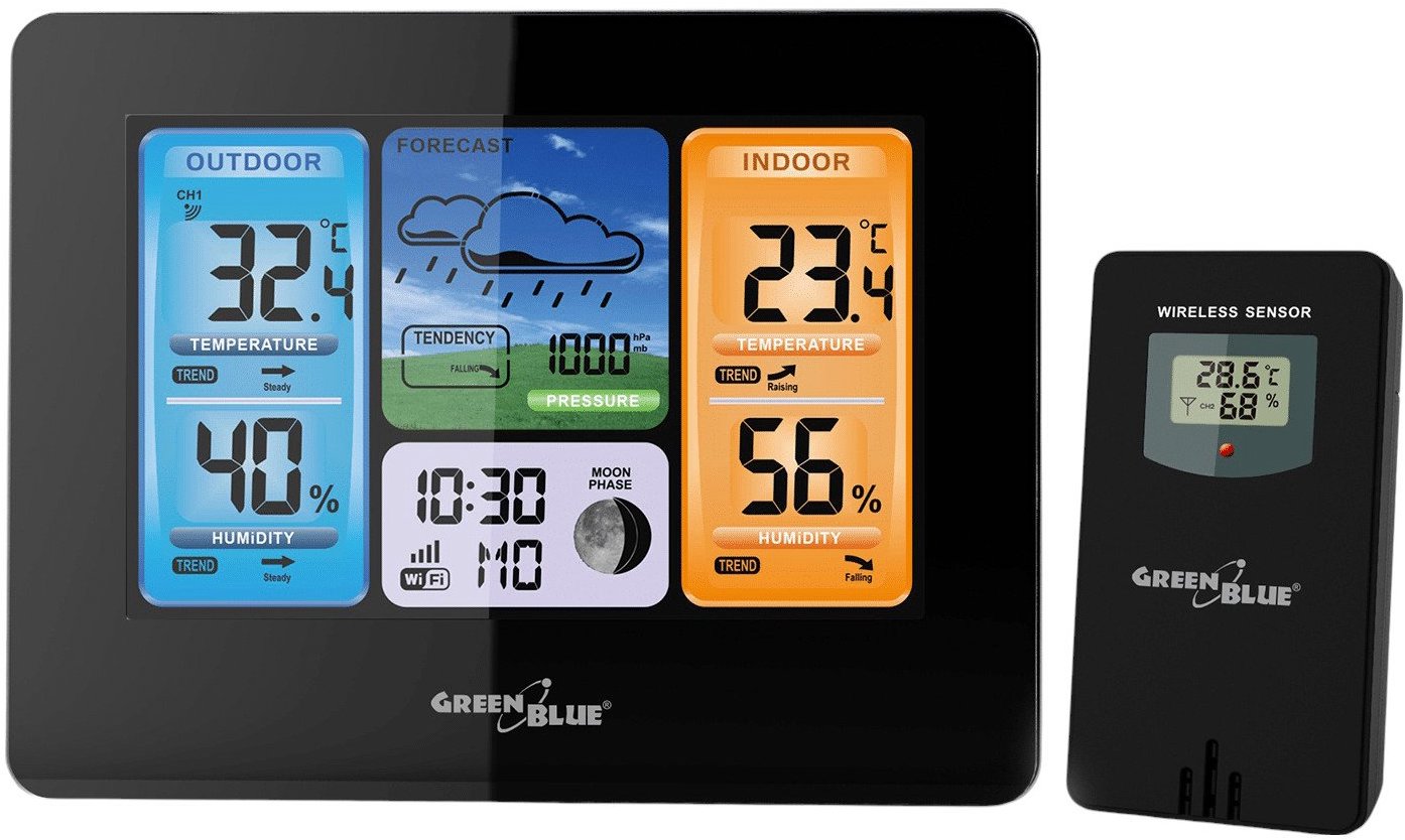 Maclean URZ3466 Bezdrátová WiFi meteorologická stanice GreenBlue GB522 DCF s barevným displejem