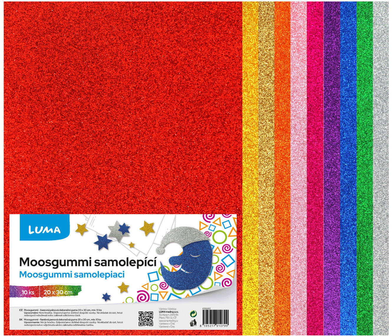 LUMA Moosgummi A4 BIO GLITR, samolepicí, mix barev - balení 10 ks