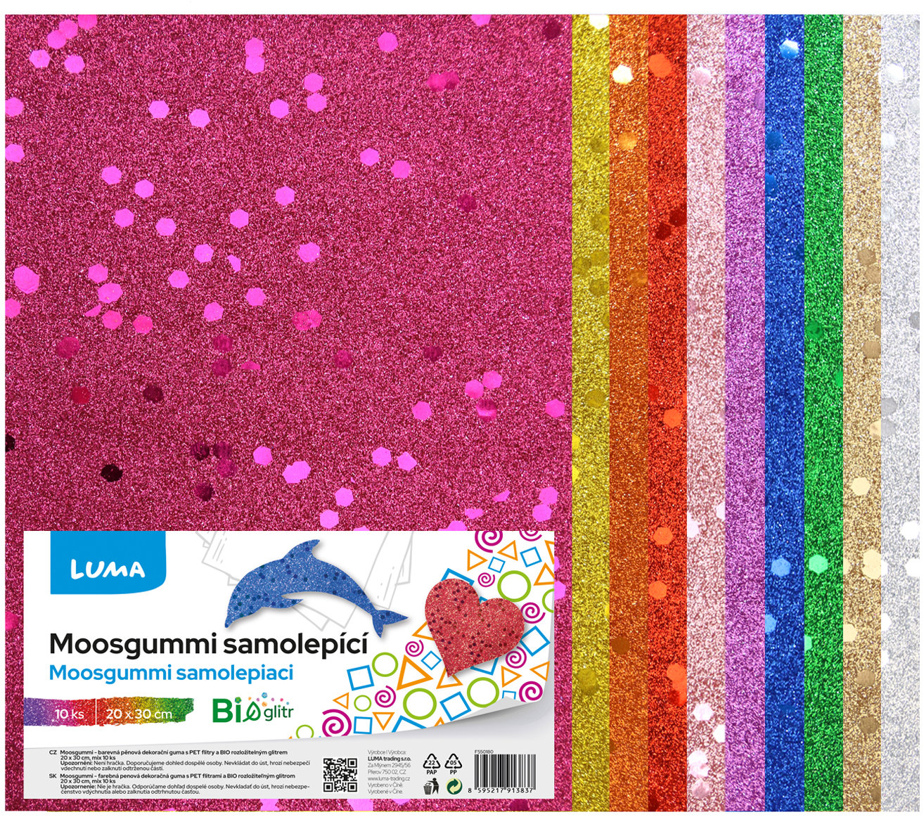 LUMA Moosgummi A4 BIO GLITR s flitry, samolepicí, mix barev - balení 10 ks