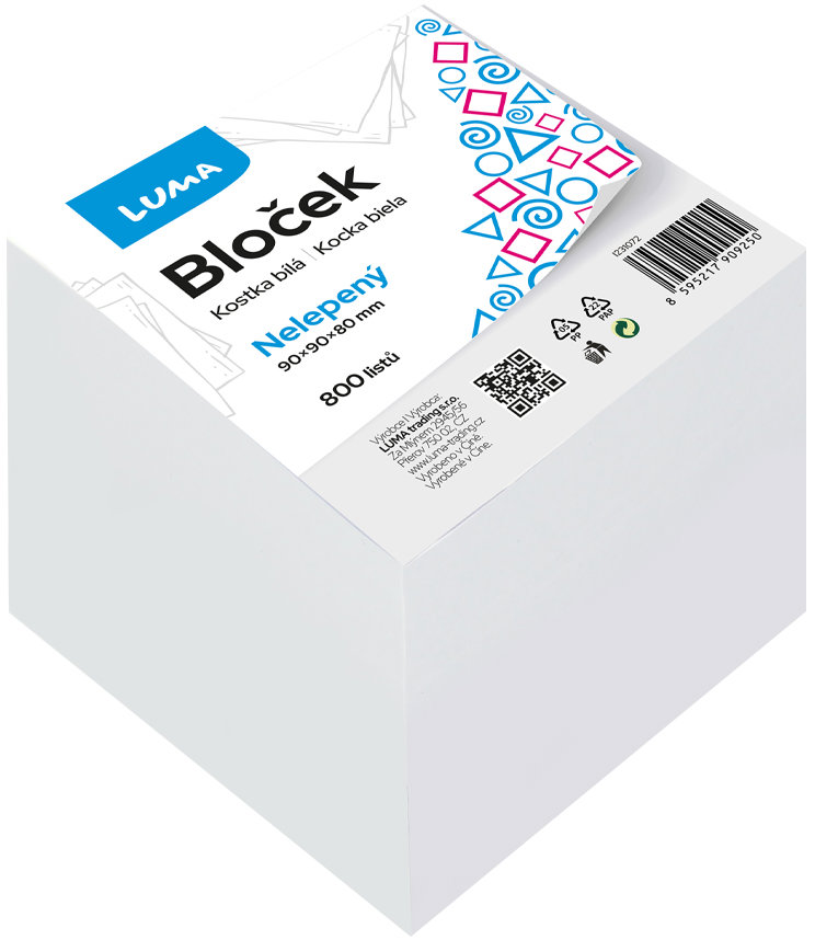 LUMA TRADING nelepený 90 × 90 × 80 mm, 800 lístků, bílý