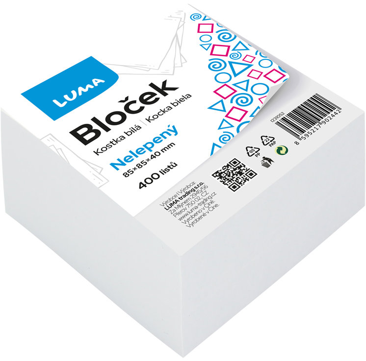 LUMA TRADING nelepený 85 × 85 × 40 mm, 400 lístků, bílý