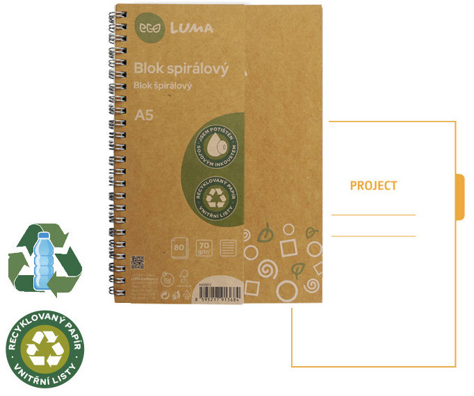 LUMA ECO spirálový zápisník s rozdělovači A5, 100 listů, recyklovaný papír