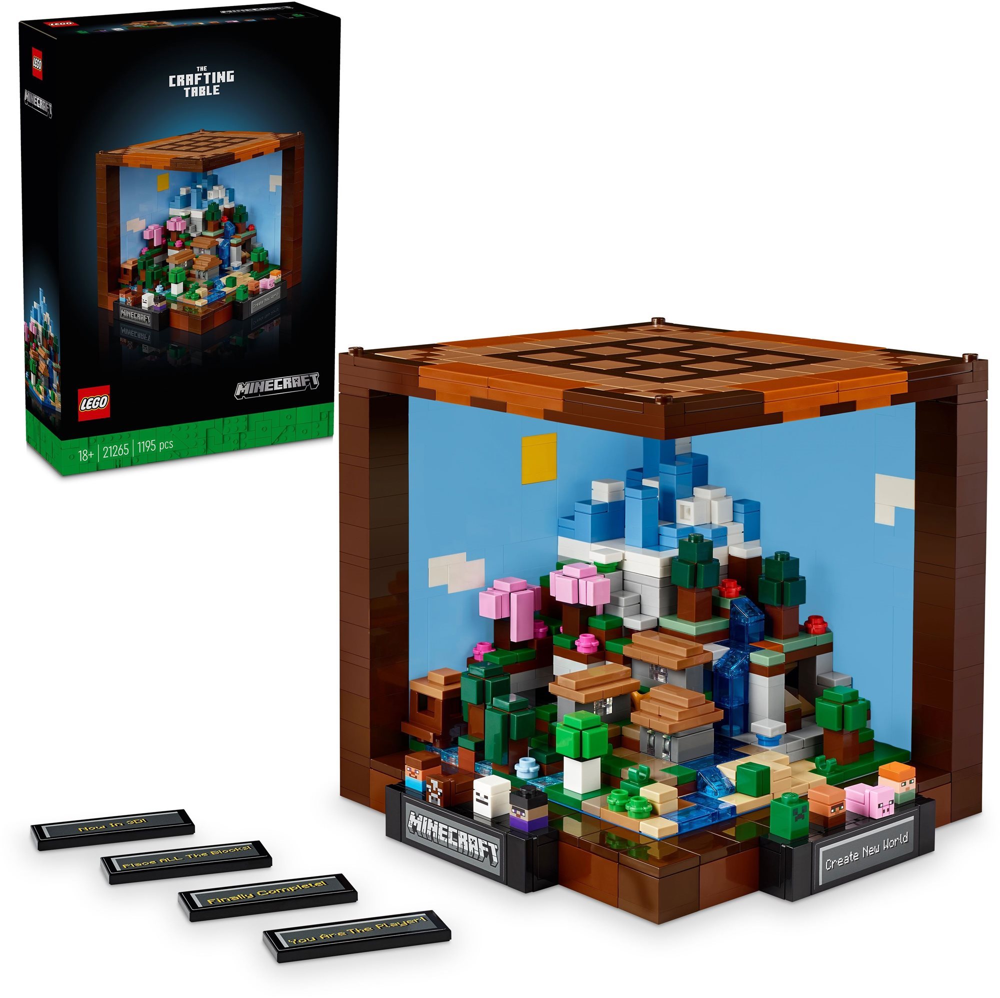 LEGO® Minecraft® 21265 Pracovní stůl s minifigurkami a herními doplňky.