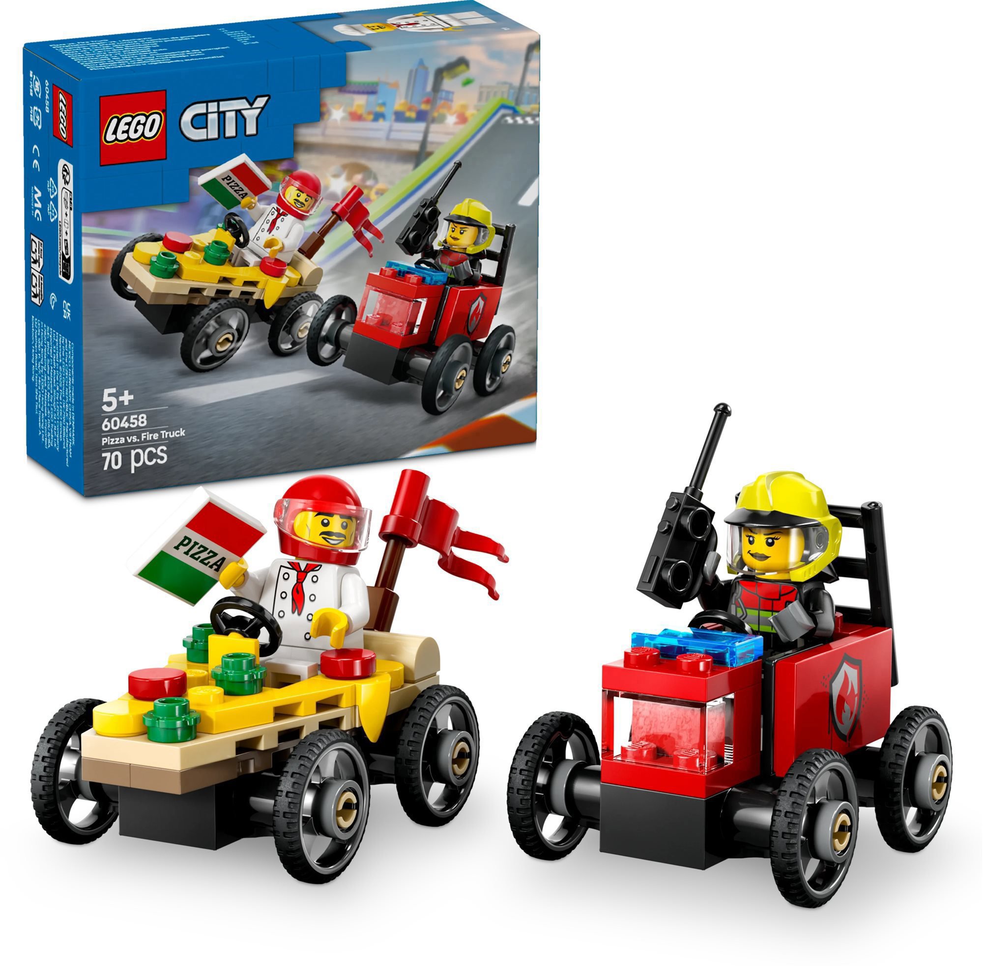 LEGO City 60458 Závodní balíček: Rozvoz pizzy vs. hasičské auto - zábavný set s 4 miniaturními postavy, 2 vozy a plno dalších detailů.