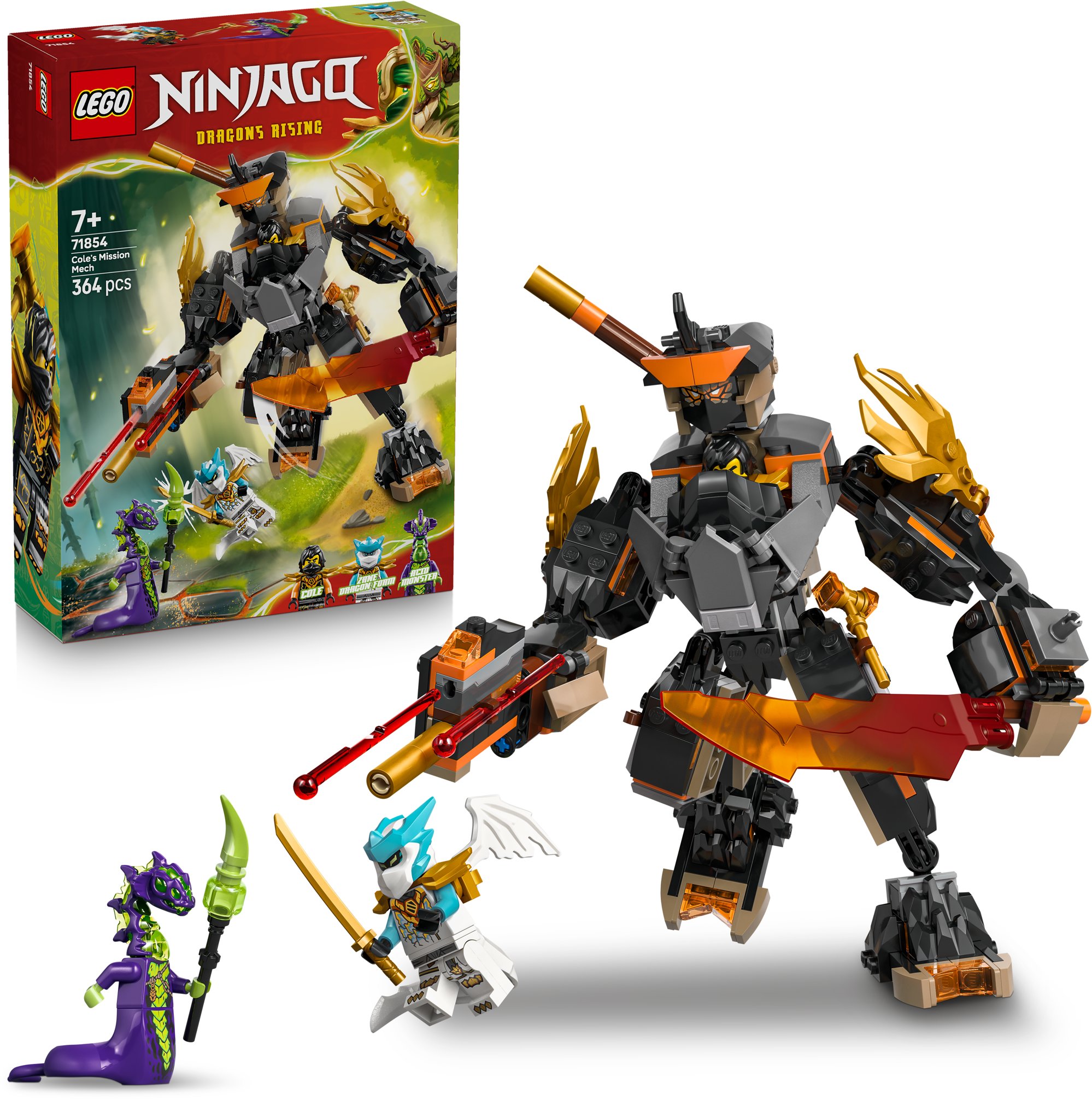 LEGO NINJAGO 71854 Coleův expediční robot a dračí Zane na bílém pozadí