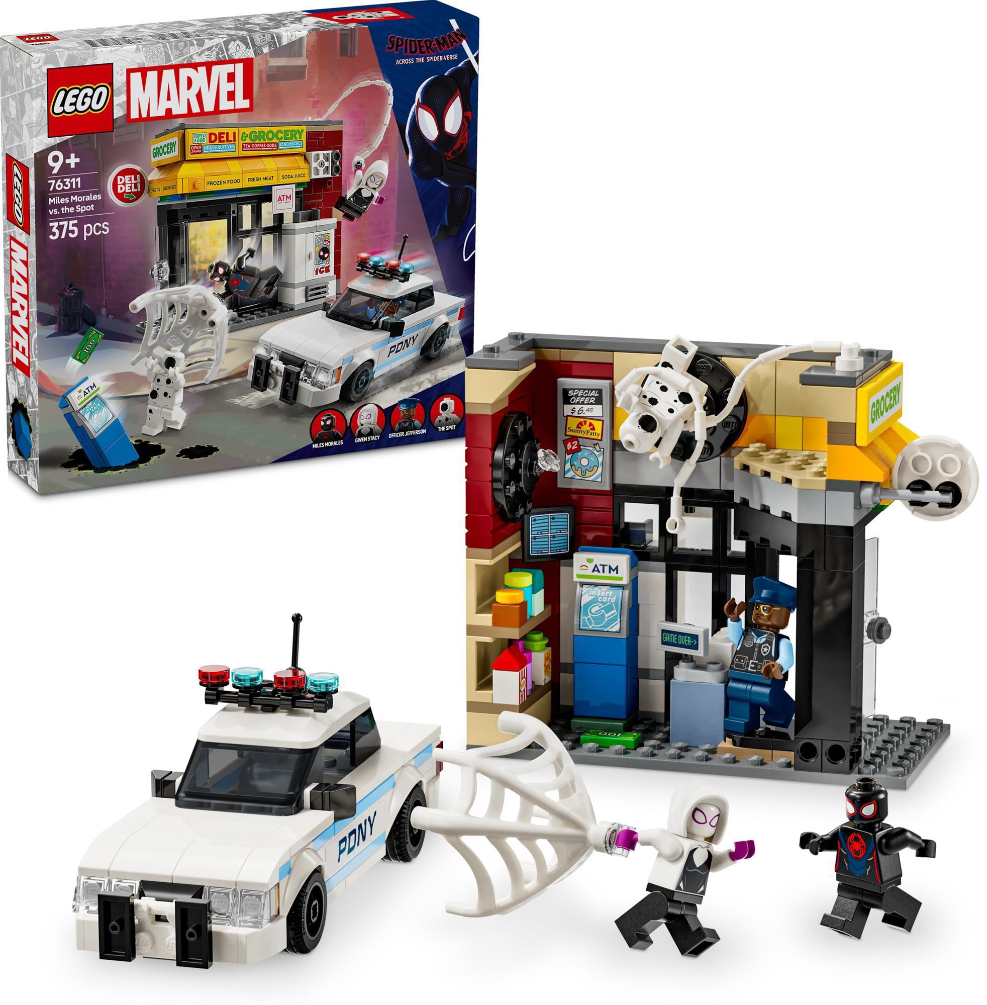 Stavebnice LEGO® Marvel 76311 Spider-Verse s postavami Milesa Moralse a Fleka.