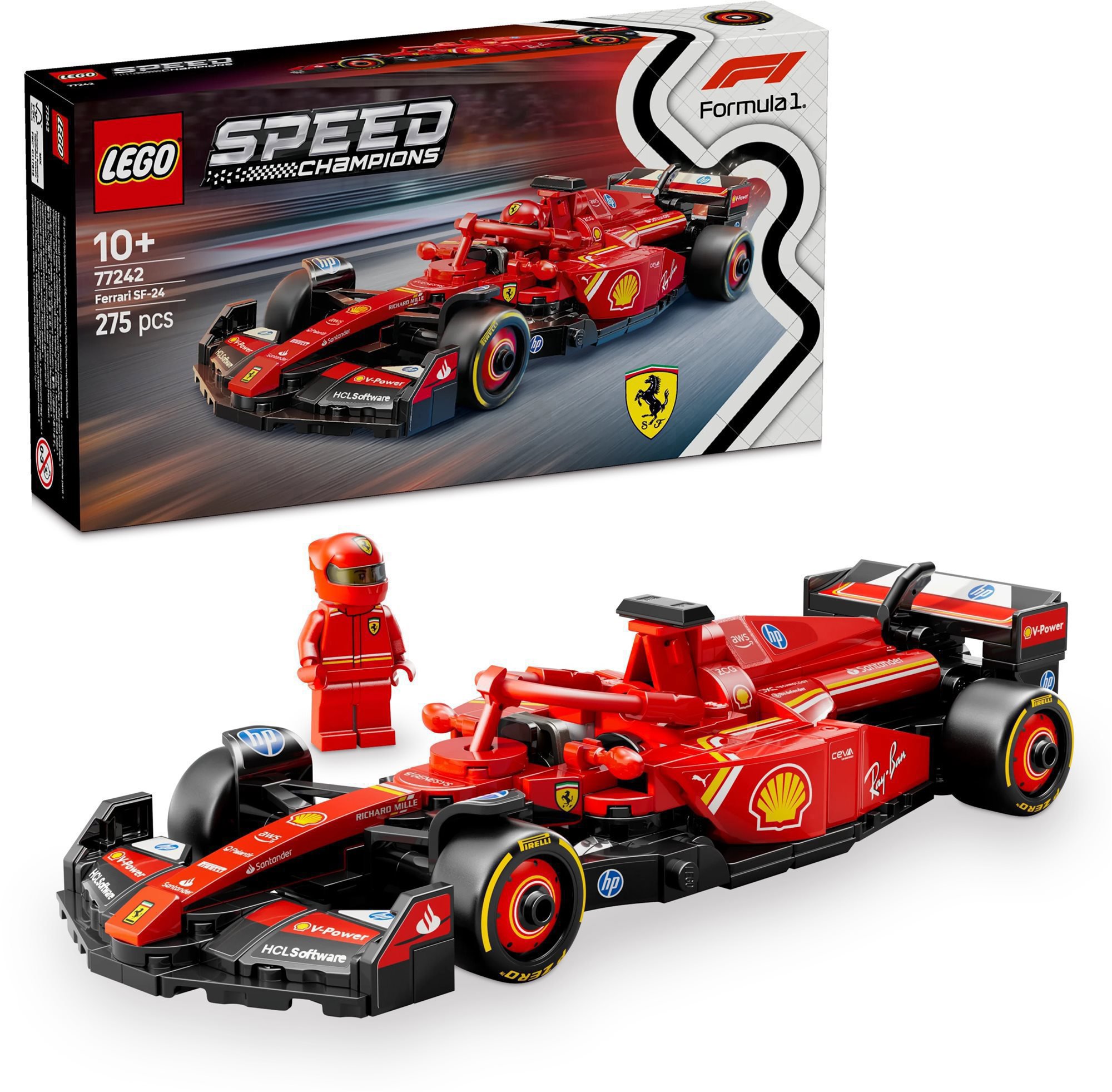 Žažij rychlost a akci s tímto úžasným závodním autem Ferrari SF-24 F1, vytvořeným v rámci LEGO Speed Champions řady!