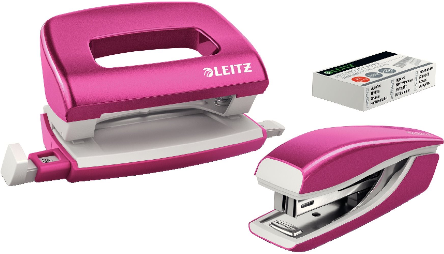 LEITZ WOW sešívačka + děrovačka, metalická růžová