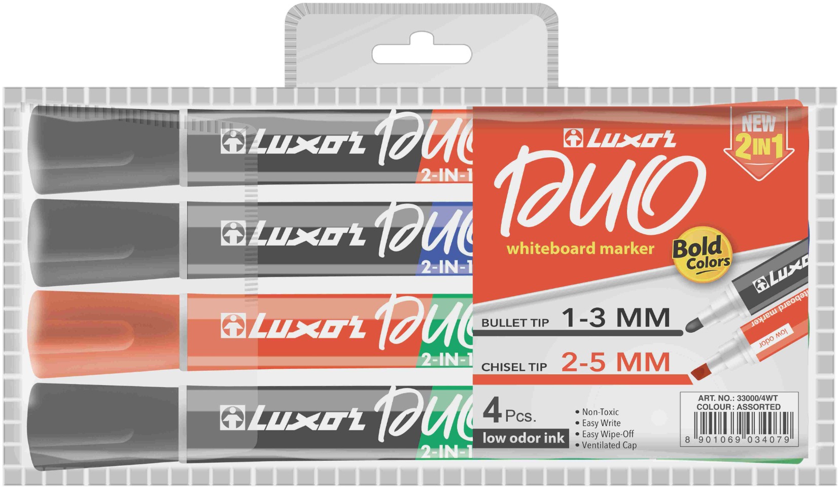 LUXOR Duo Whiteboard marker, oboustranný - sada 4 ks