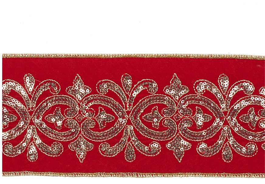 LAALU Stuha luxusní sametová červená s dekorem 10 cm x 4,5 m