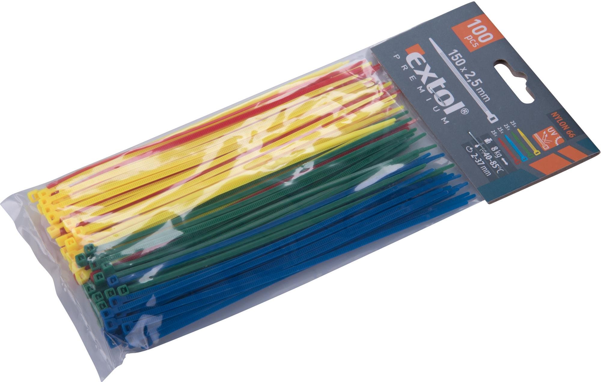 EXTOL PREMIUM pásky stahovací barevné, 150x2,5mm, 100ks, (4x25ks), 4 barvy, nylon PA66, 8856194