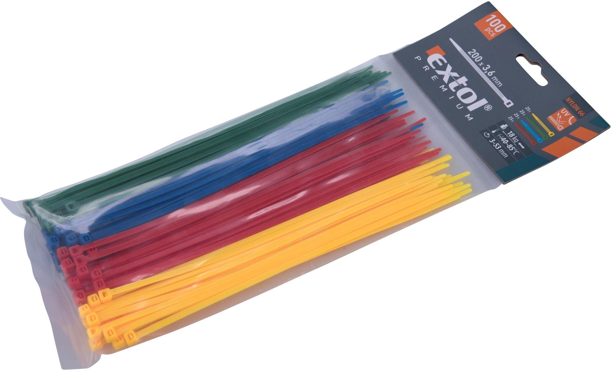EXTOL PREMIUM pásky stahovací barevné, 200x3,6mm, 100ks, (4x25ks), 4 barvy, nylon PA66, 8856196